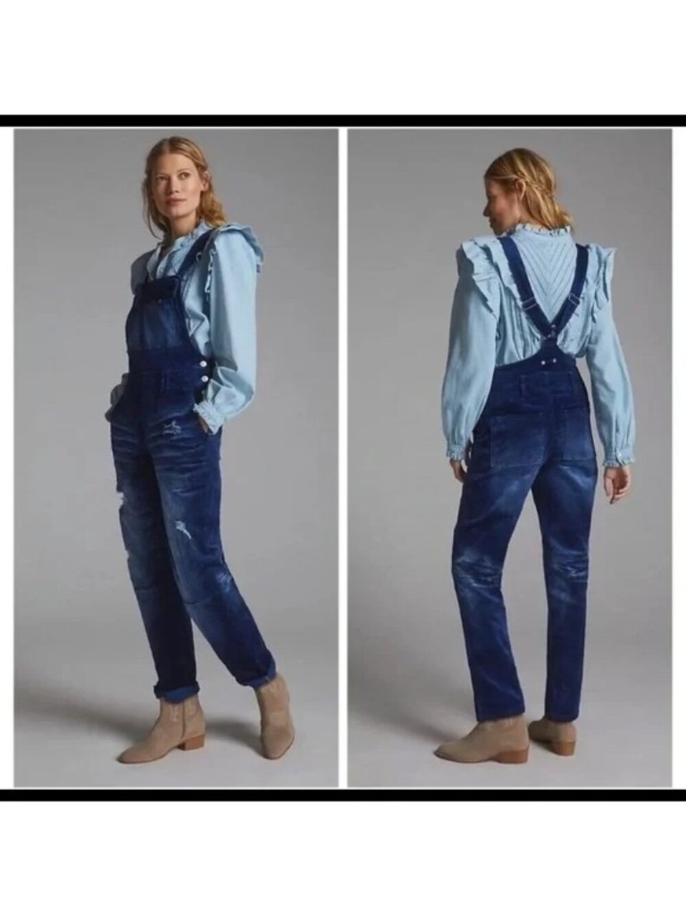 Anthropologie Pilcro The Wanderer Blue Velvet Overalls Distressed Sz 25